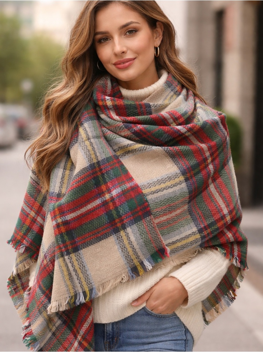 Cozy Plaid Holiday Throw Blanket Scarf - Red & Green